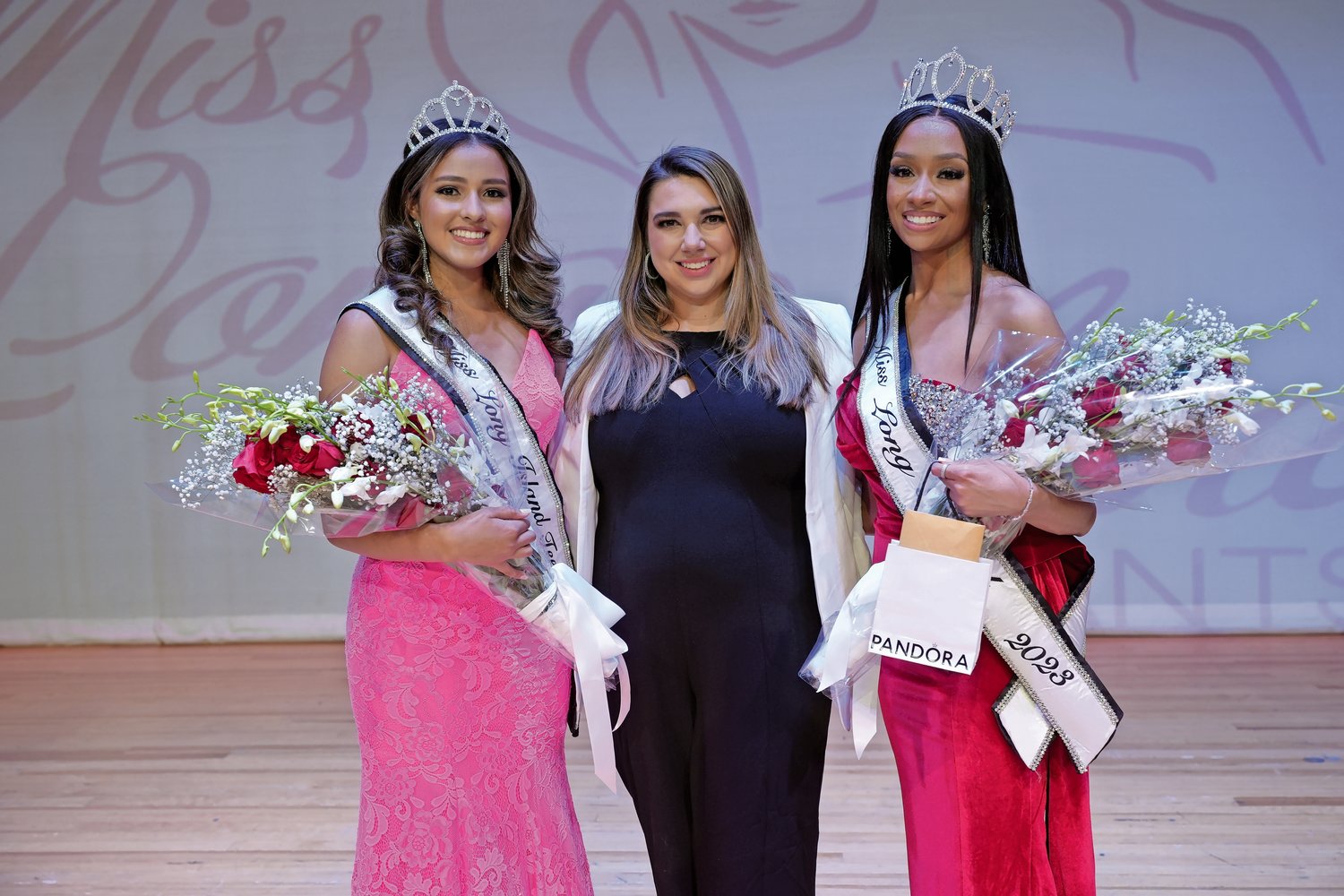 Miss Long Island Teen 2023 Natalia Suaza, from Valley Stream, joined by Miss Long Island Pageants executive director Leanne Baum, and Miss Long Island 2023 Lianne Webb, from Baldwin.